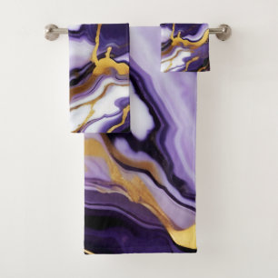 Bold Trendy purple yellow Gold faux marble Bath Towel Set