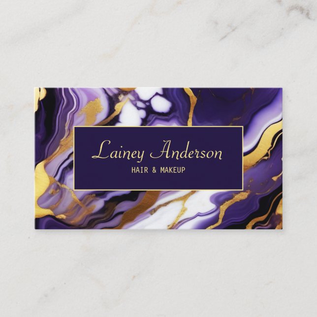 Bold Trendy purple yellow Gold faux marble Business Card (Front)