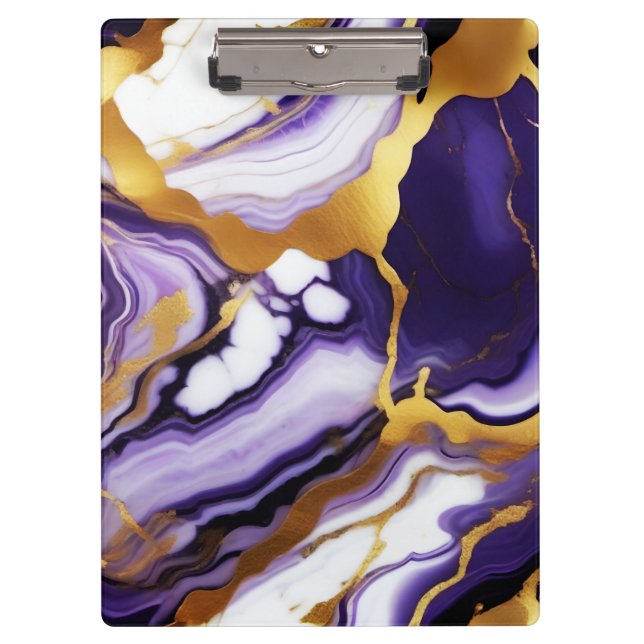 Bold Trendy purple yellow Gold faux marble Clipboard (Front)