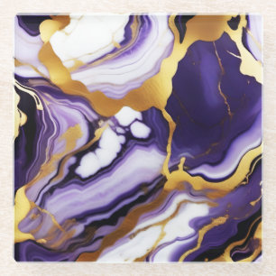 Bold Trendy purple yellow Gold faux marble Glass Coaster