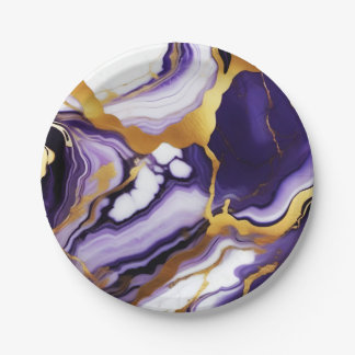 Bold Trendy purple yellow Gold faux marble Paper Plate