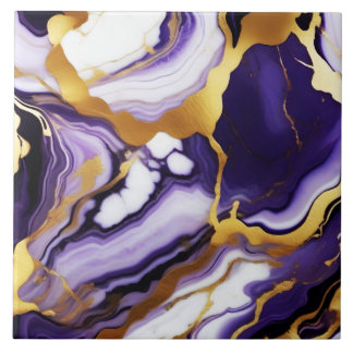 Bold Trendy purple yellow Gold faux marble Tile
