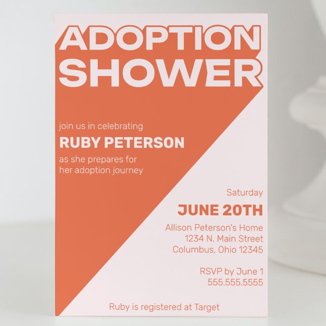 Bold Trendy Typography Colour Block Adoption Showe Invitation (adoption baby child shower invitation bold typography graphic orange and pink modern cool trendy fun)