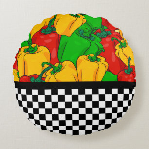 Bold Tri Coloured Peppers and Chequerboard  Round Cushion
