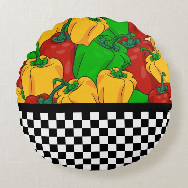 Bold Tri Coloured Peppers and Chequerboard  Round Cushion (Front)