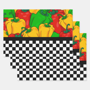 Bold Tri Coloured Peppers and Chequerboard  Wrapping Paper Sheet