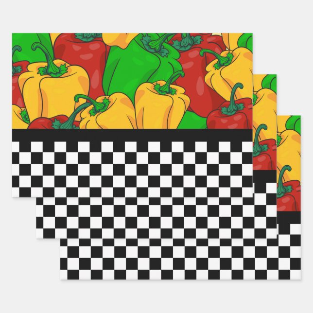 Bold Tri Coloured Peppers and Chequerboard  Wrapping Paper Sheet (Set)