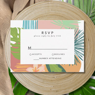 Bold Tropical Abstract Coral Teal Wedding RSVP Card