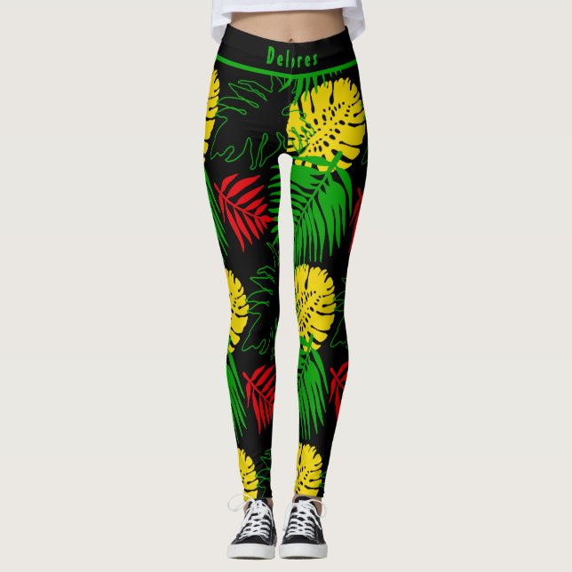 Bold Tropical Botanical Palm Leaves Pattern  Leggings (Front)