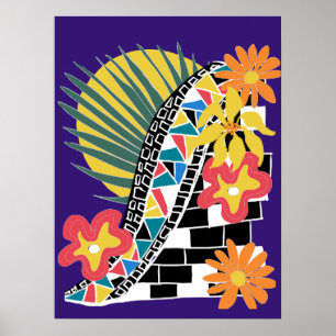 Bold Tropical Floral Black White Mosaic on Indigo Poster