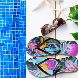 Bold Tropical Foliage Pattern with Hummingbird Flip Flops