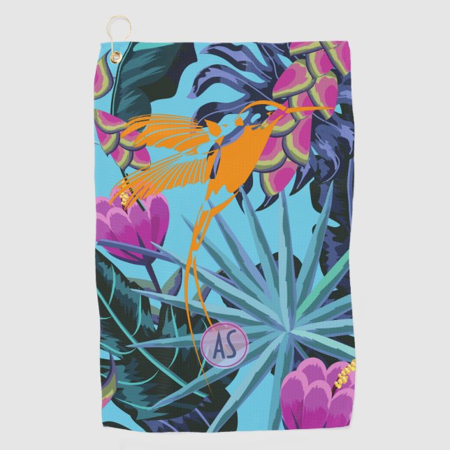 Bold Tropical Foliage Pattern with Hummingbird Golf Towel (Front)