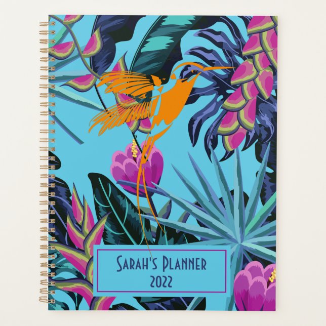 Bold Tropical Foliage Pattern with Hummingbird Planner (Front)