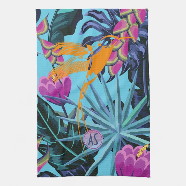 Bold Tropical Foliage Pattern with Hummingbird  Tea Towel (Vertical)