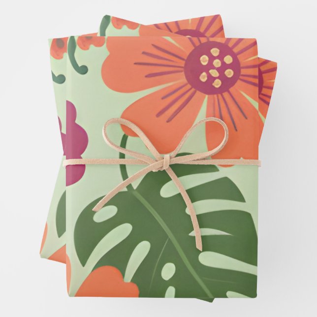 Bold Tropical Hibiscus & Monstera Leaf  Wrapping Paper Sheet (In situ)