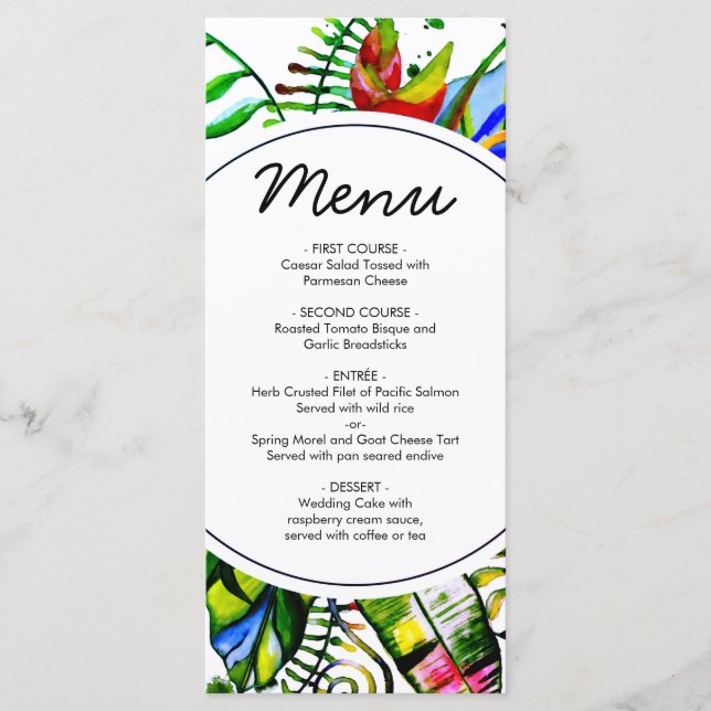 Bold Tropical Palm Leaf Wreath Wedding Menu (Front)