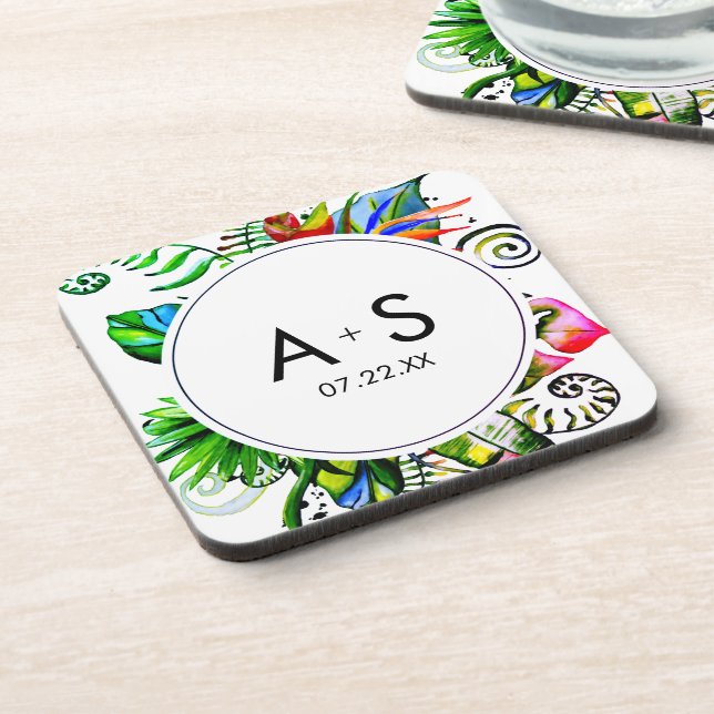 Bold Tropical Palm Leaf Wreath Wedding Monogram Coaster (Left Side)