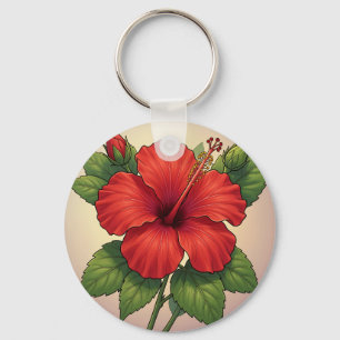 Bold Tropical Red Hibiscus Key Ring