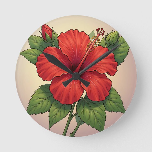 Bold Tropical Red Hibiscus Round Clock (Front)