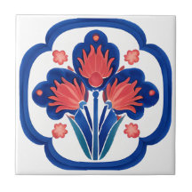 Bold Turkish Iznik Floral Ceramic Tile Art