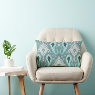 Bold Turquoise Blue Grey Ikat Tribal Art Pattern Lumbar Cushion