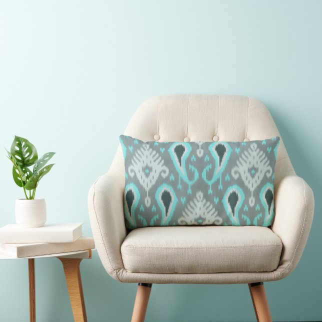 Bold Turquoise Blue Grey Ikat Tribal Art Pattern Lumbar Cushion (Chair)