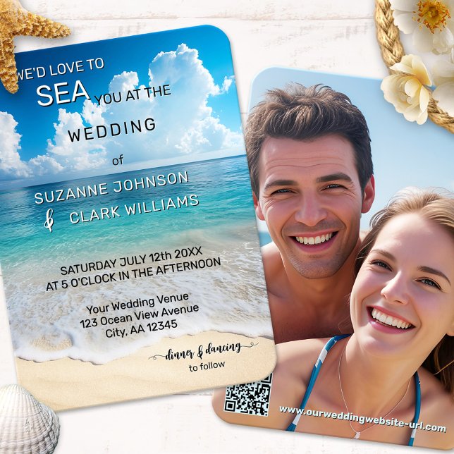 Bold Turquoise Coastal Beach Wedding Invitation (A whimsical funny coastal wedding invitation featuring a beach in bold blue and turquoise colors)