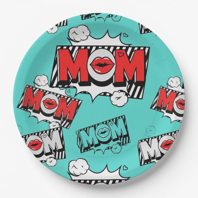 Bold Turquoise Comic MOM Graphic Pattern Paper Plate (Front)