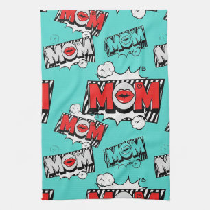 Bold Turquoise Comic MOM Graphic Pattern Tea Towel