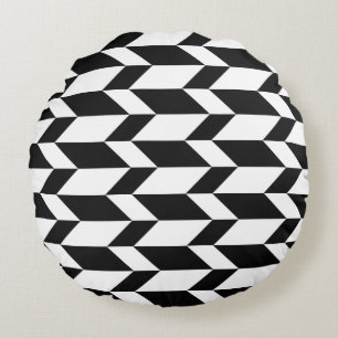 Bold Two Tone Arrow Chevron Stripe Black & White Round Cushion