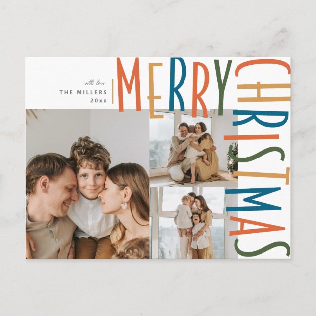 Bold Type Three Photo Christmas posycards Holiday Postcard (Front)