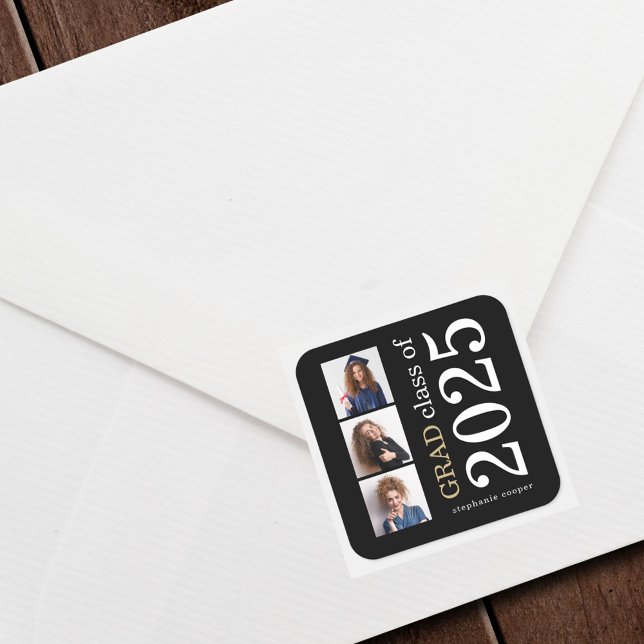 Bold Typography 3 photos Black 2025 Graduation  Square Sticker (Creator Uploaded)
