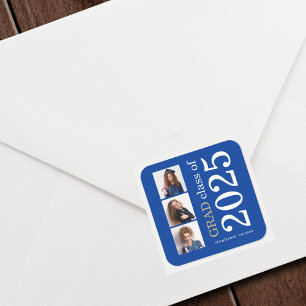 Bold Typography 3 photos Blue 2024 Graduation  Square Sticker