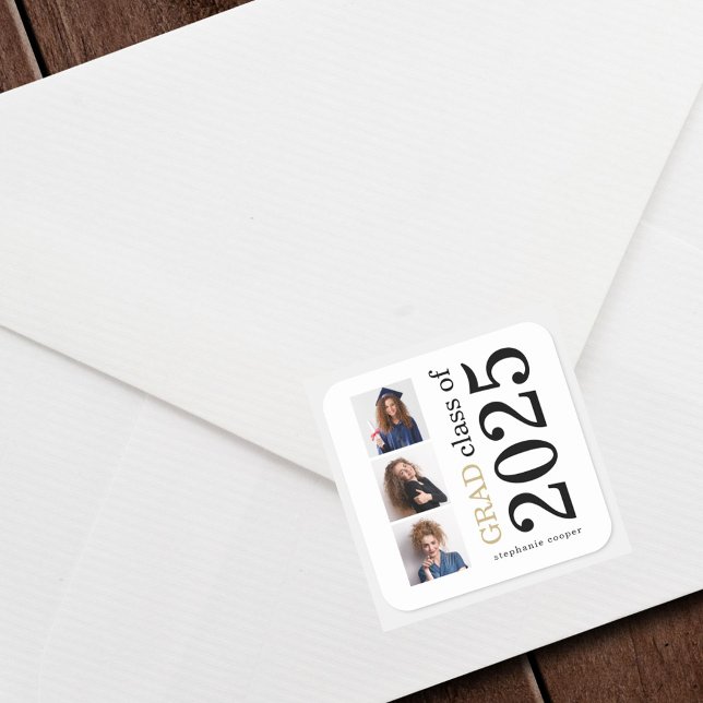 Bold Typography 3 photos White 2022 Graduation Square Sticker (Creator Uploaded)