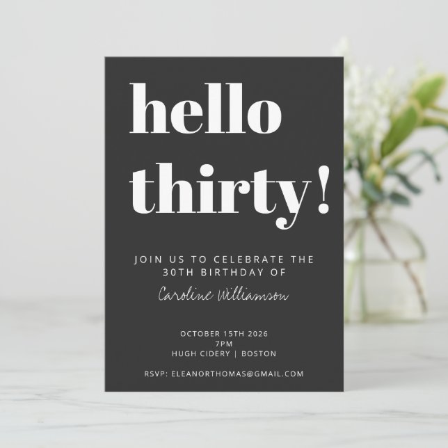Bold Typography Black Modern 30th Birthday Party Invitation (Standing Front)