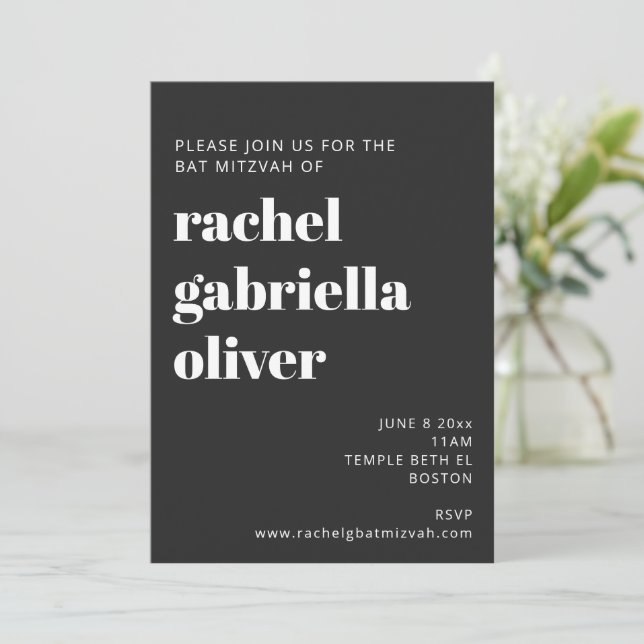 Bold Typography Black Modern Bat Mitzvah Invitation (Standing Front)