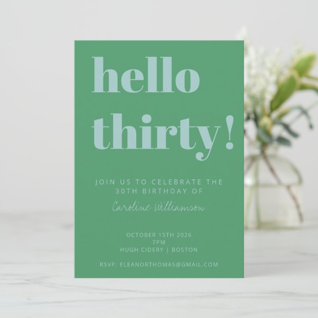 Bold Typography Blue Green Modern 30th Birthday Invitation (Standing Front)