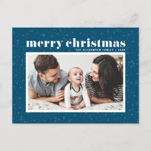 Bold Typography Blue Merry Christmas Photo Holiday Postcard