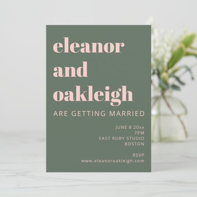 Bold Typography Blush Pink Green Modern Wedding Invitation (Standing Front)