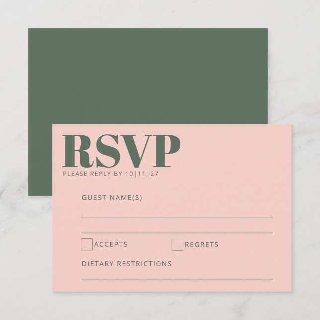 Bold Typography Blush Pink Green Modern Wedding RSVP Card (Front/Back)
