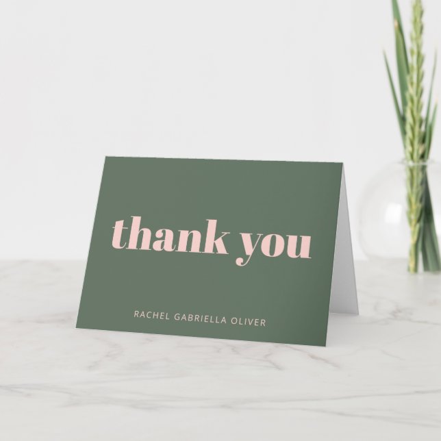 Bold Typography Blush Pink Green Personalised Thank You Card (Front)