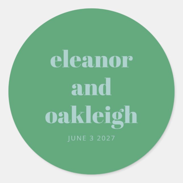 Bold Typography Bright Green Blue Modern Wedding  Classic Round Sticker (Front)