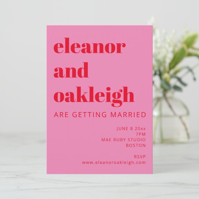 Bold Typography Bright Pink and Red Modern Wedding Invitation (Standing Front)