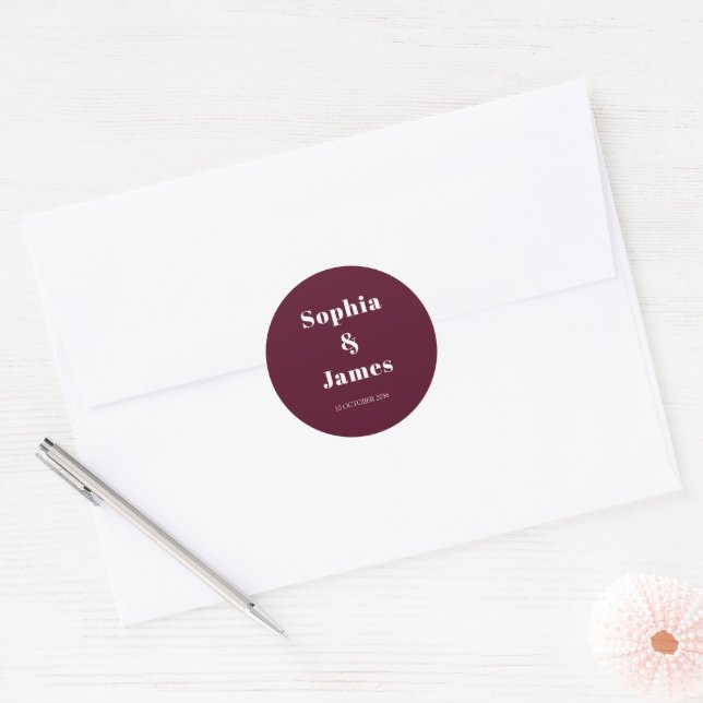 Bold Typography Burgundy Minimalist Wedding Classic Round Sticker (Envelope)