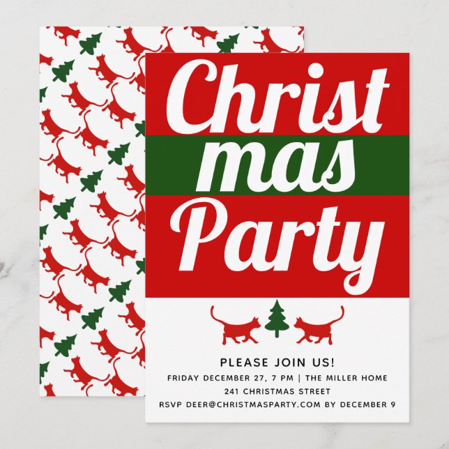 Bold typography cat, tree Christmas holiday party Invitation (Front/Back)