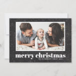 Bold Typography Chalkboard Merry Christmas Photo Holiday Card<br><div class="desc">Merry Christmas! Celebrate the holidays with this classic holiday flat card. It features retro bold typography and snow and snowflakes pattern on a faux chalkboard background. Personalise by adding names,  greeting and photo.</div>