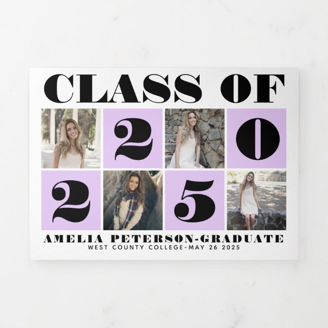 Bold typography Class of 2025 photo collage purple Tri-Fold Announcement (Cover)