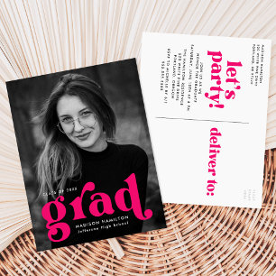 Bold Typography Fuchsia Photo Graduation Party Invitation Postcard
