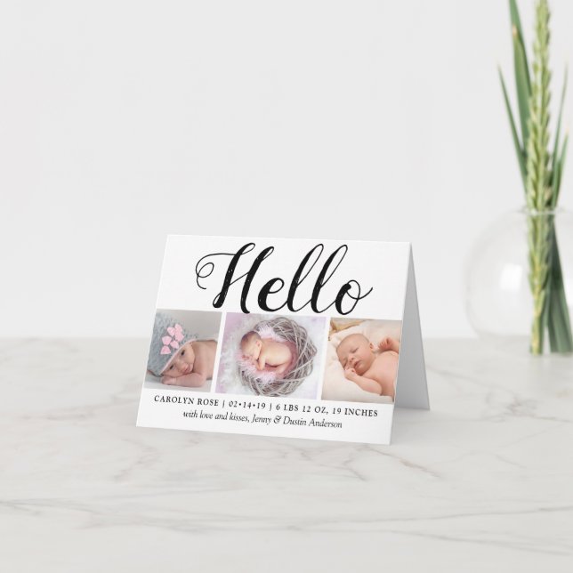 Bold Typography "Hello" 3 Photo Birth Announcement (Front)