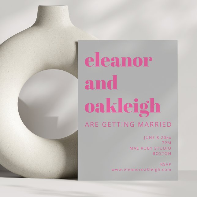 Bold Typography Hot Pink and Grey Modern Wedding Invitation (Creator Uploaded)